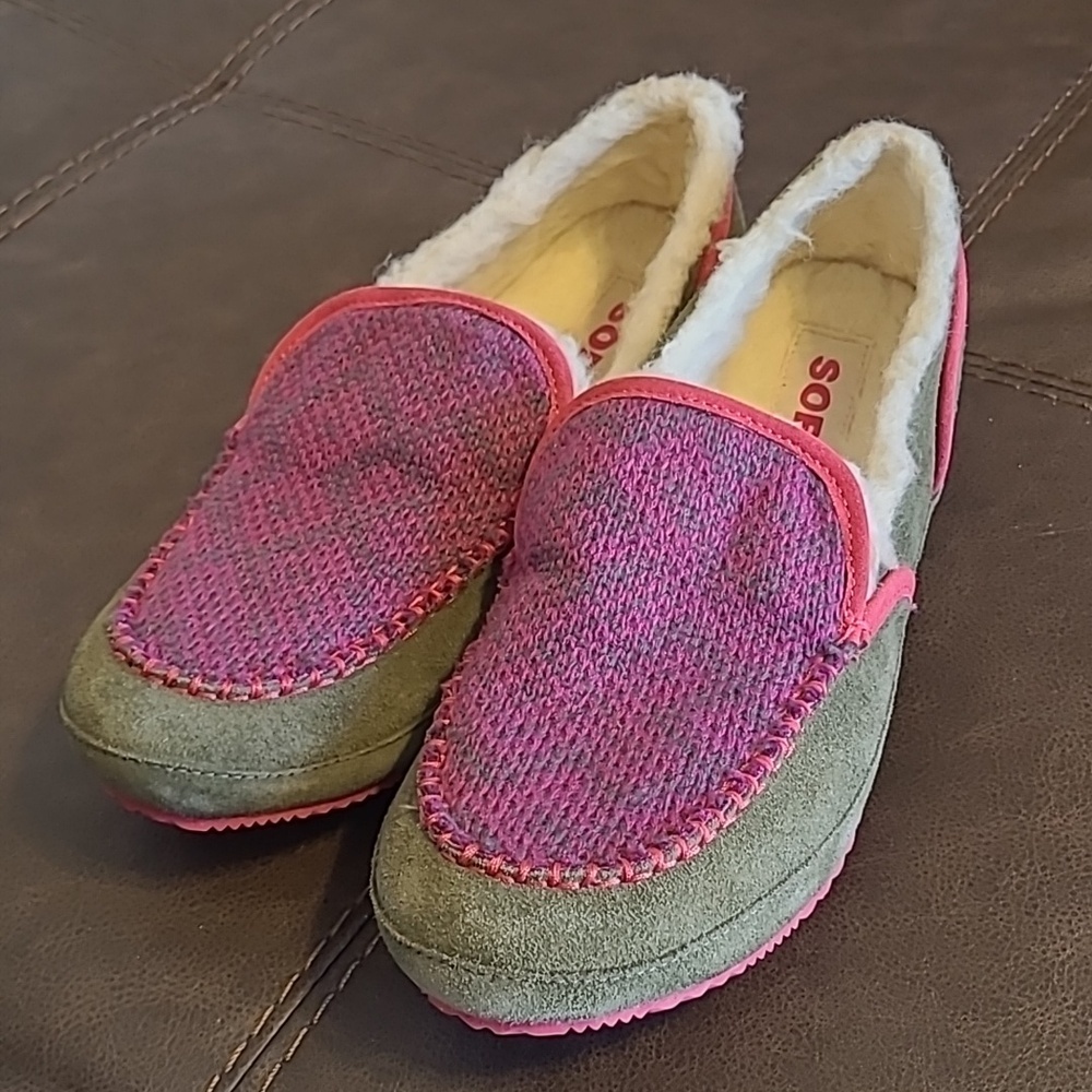 Sorel Tremblant II Pink Green Suede Furry Moccasins Slippers Wmn 10 Comfy Casual - Picture 4 of 9